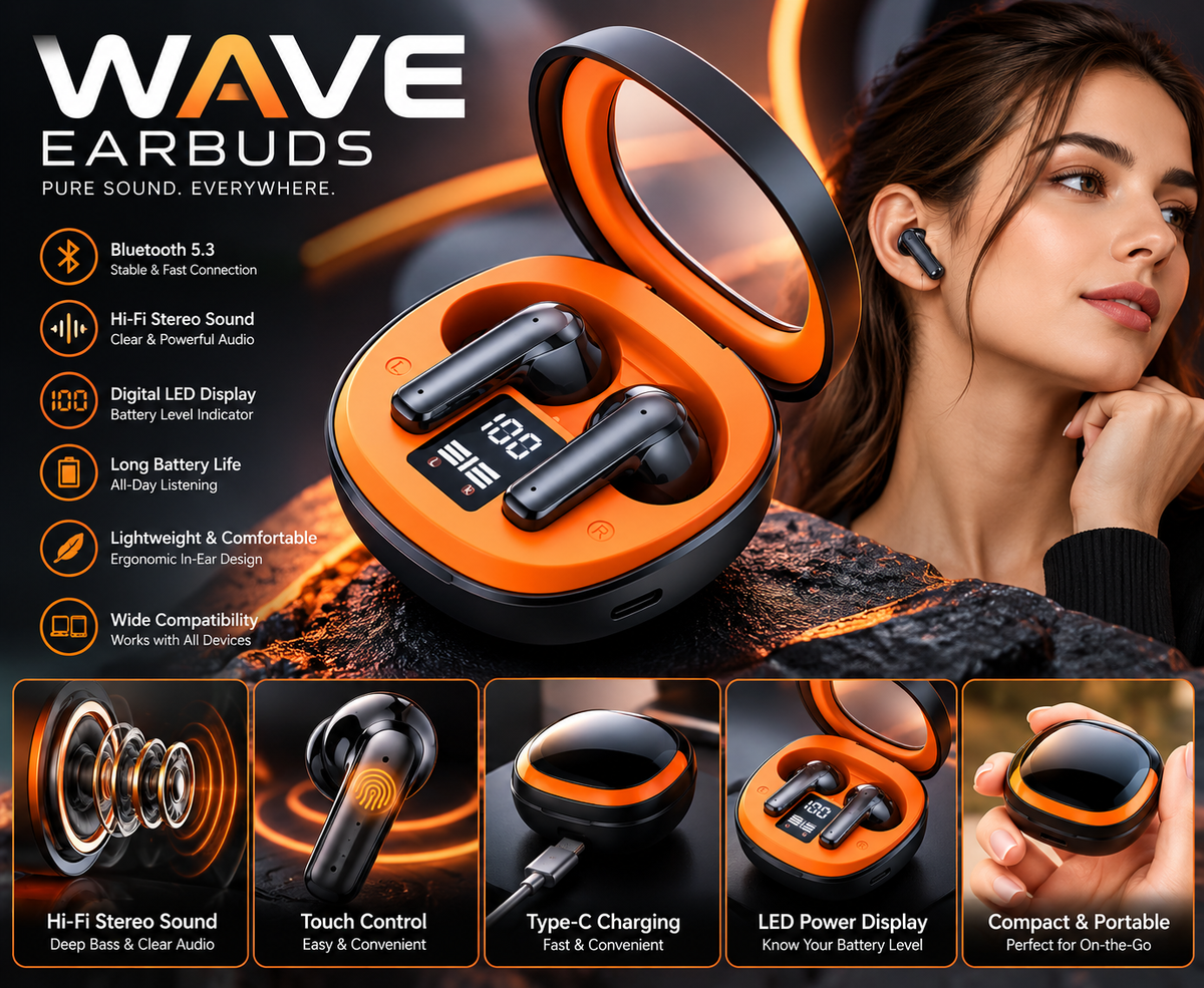 Wave Pro Wireless Earbuds – Clear Sound & Comfortable Fit