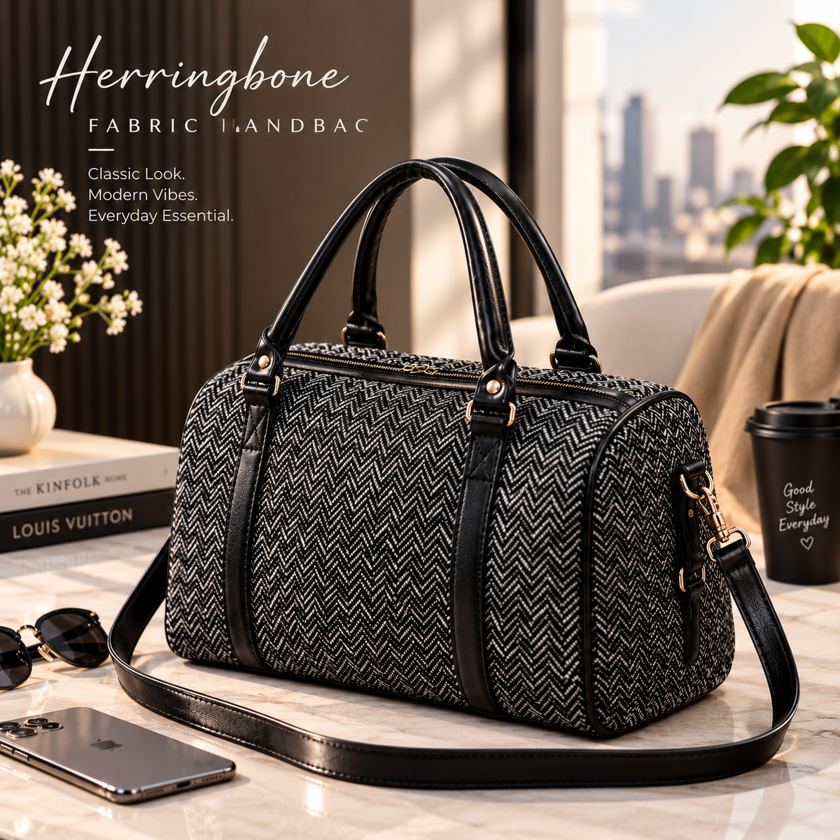 **Herringbone Fabric Handbag – Elegant, Stylish & Versatile Women’s Shoulder Bag**