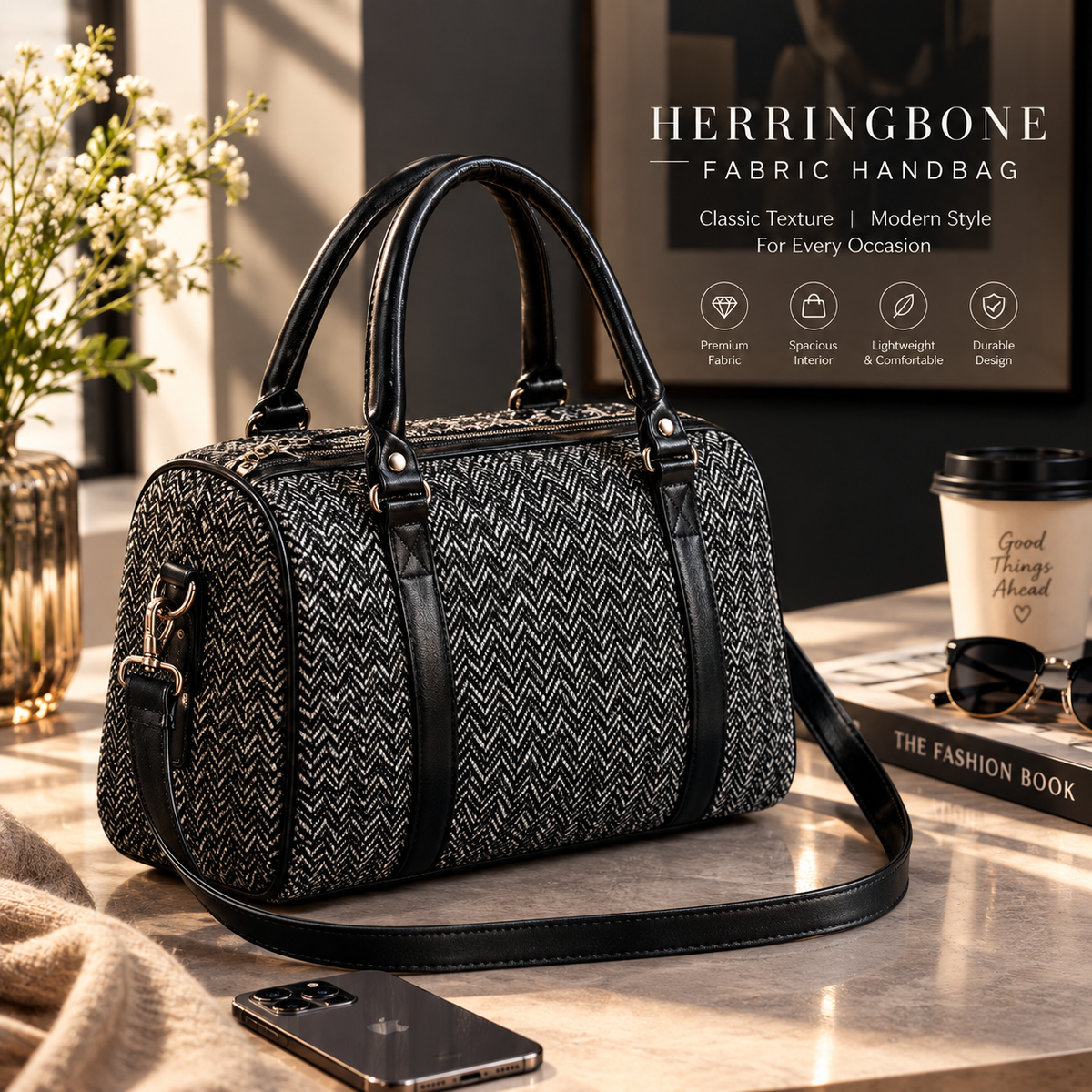 **Herringbone Fabric Handbag – Elegant, Stylish & Versatile Women’s Shoulder Bag**