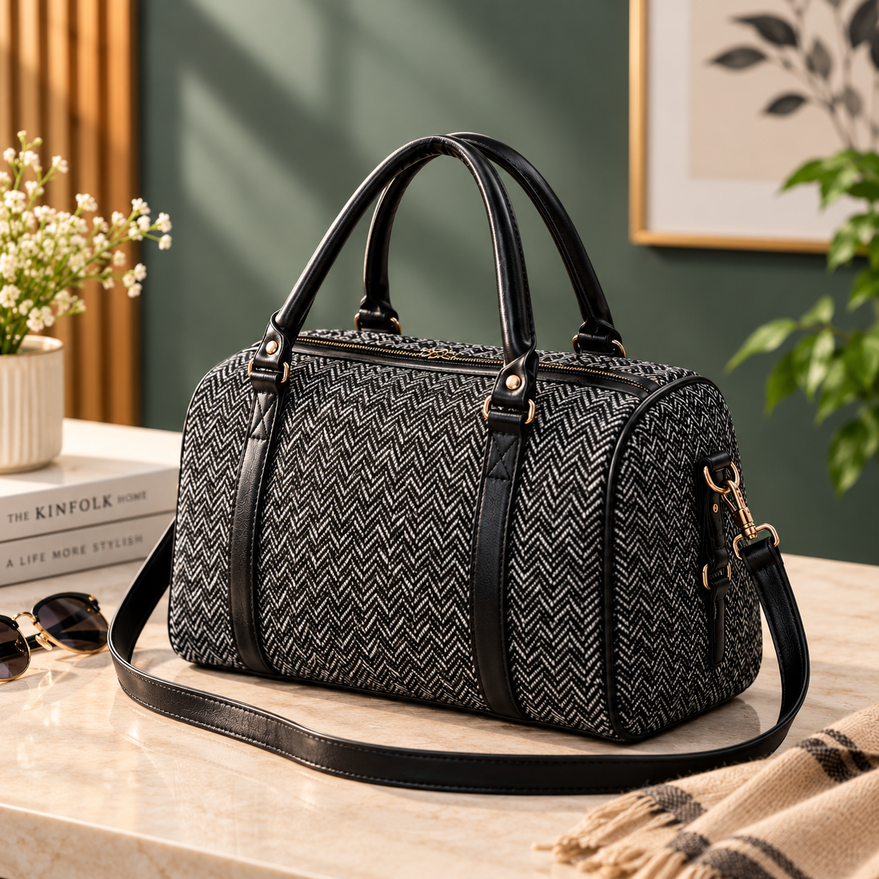 **Herringbone Fabric Handbag – Elegant, Stylish & Versatile Women’s Shoulder Bag**