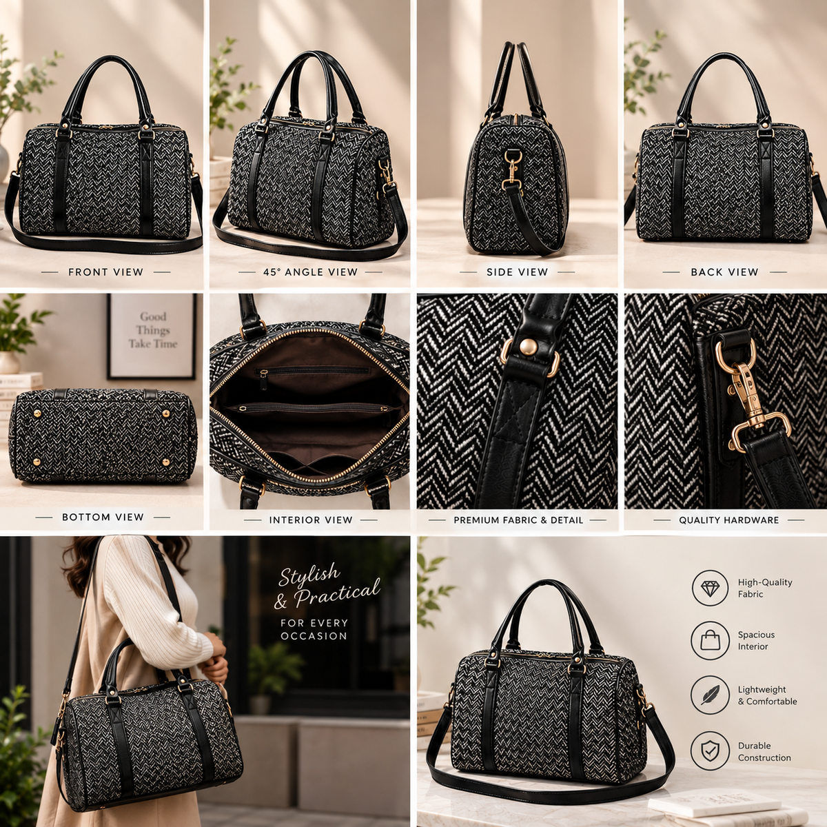 **Herringbone Fabric Handbag – Elegant, Stylish & Versatile Women’s Shoulder Bag**